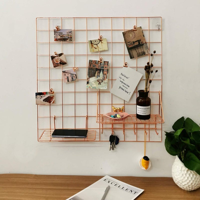 GRIDYMEN Multifunction Electroplated Bling Metal Mesh Grid Panel, Wall Photo Artwork Display and Organizer for College Dorm Living Room, Pack of 1 Pcs, 23.6" x 23.6", Rose Gold - Image 2